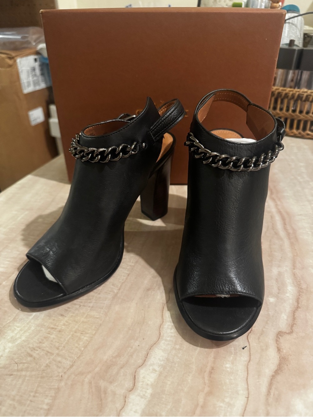 Women’s Coach Black Leather Chain-Trim High Heel Slingback Sandals